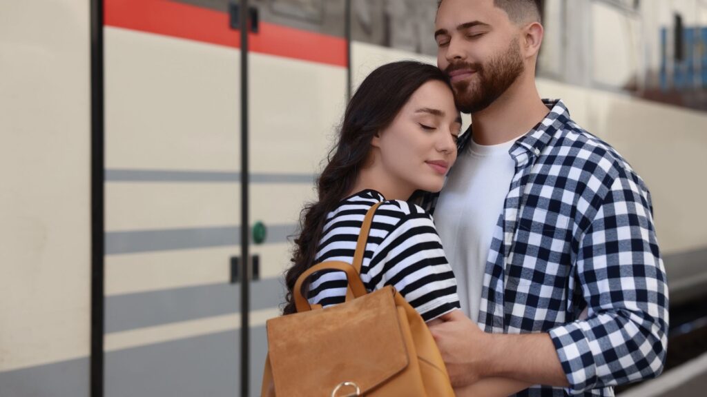 an exhausted woman hugging her man intimately