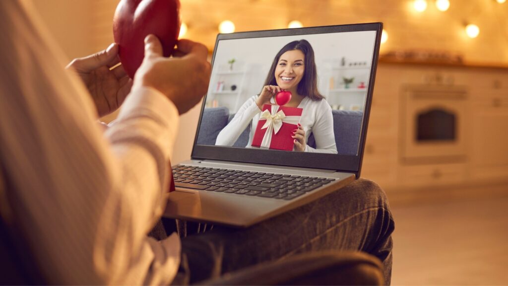 man and woman in long distance relationship exchanging love signs and gifts virtually