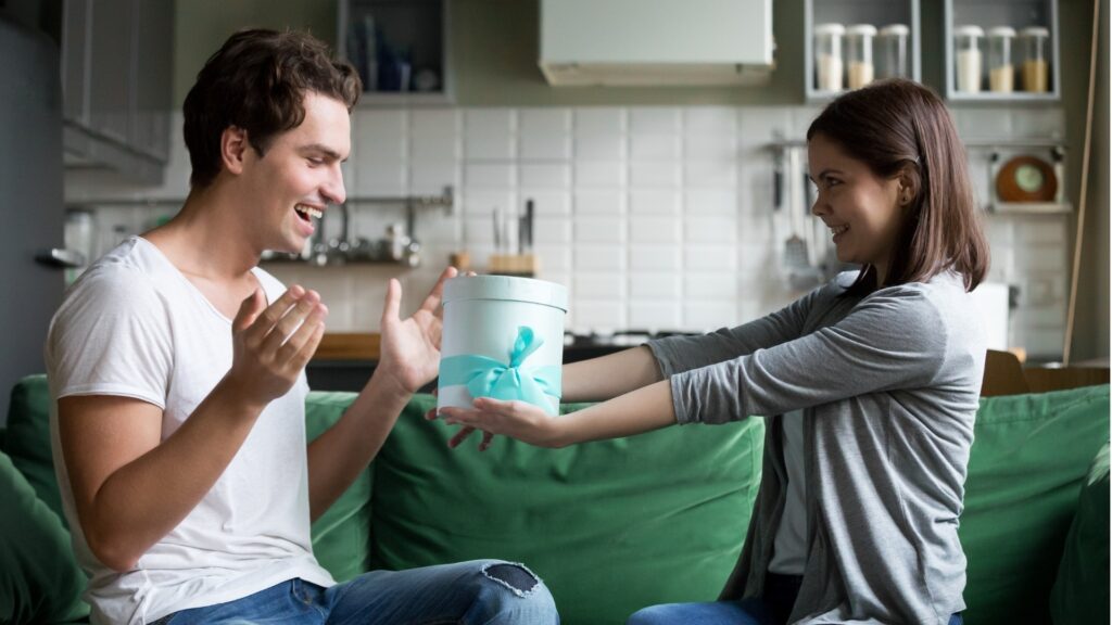 Lady offering her man a care package