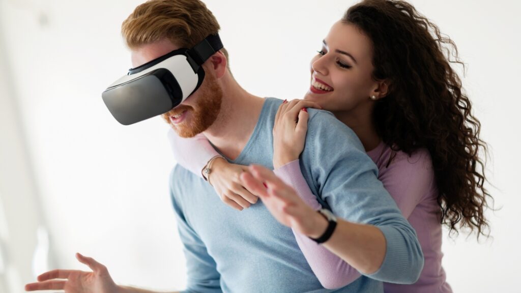 couple playing a cooperative video game