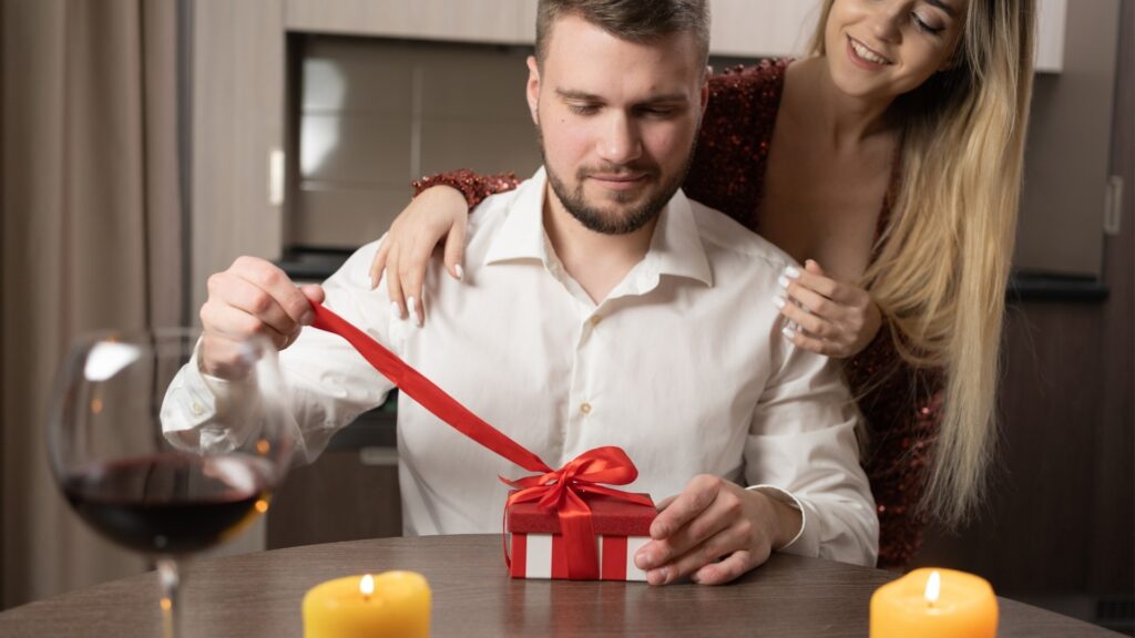 man receiving custom phone case from woman