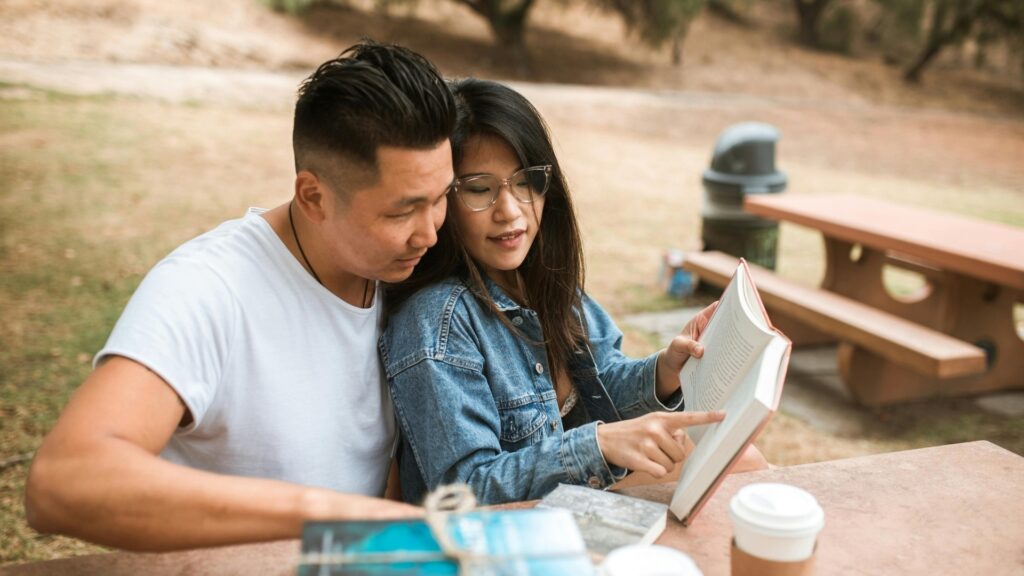 couple reading a book about love
