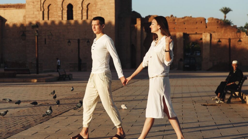long distance couple taking  walk 