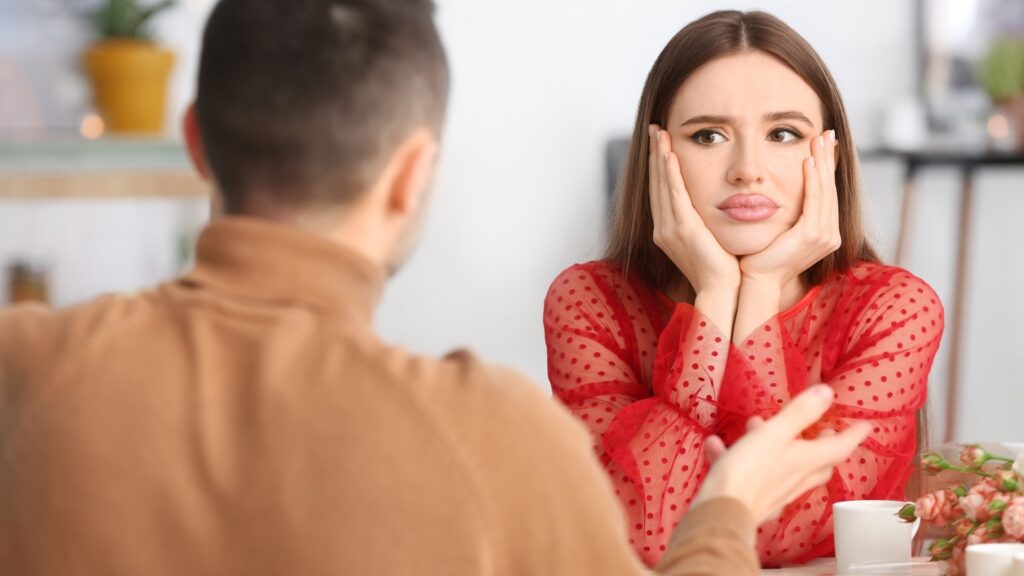 lady on a date with long distance partner wondering if he's still thesame person she enjoys talking to