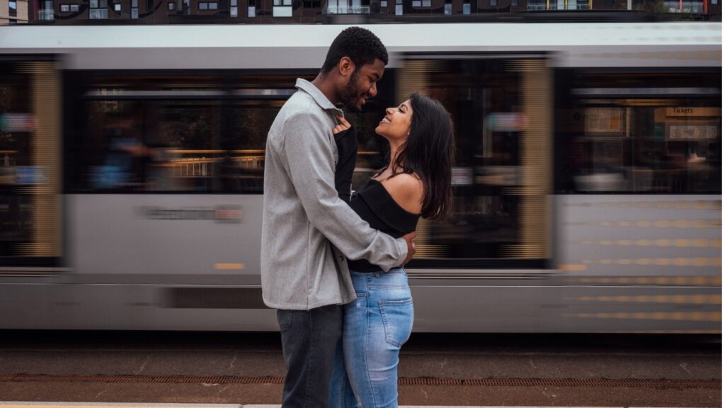 long distance couple meeting at the train station