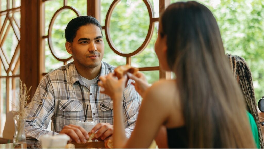 long distance couple having a conversation during their first ever meeting 